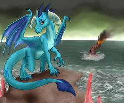 Size: 1280x1066 | Tagged: safe, artist:slouping, princess ember, dragon, g4, gauntlet of fire, claws, female, flamecano, ocean, older, quadrupedal, signature, solo, volcano