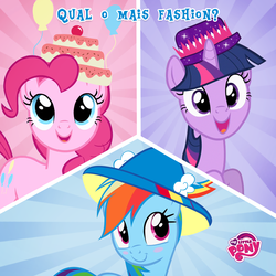 Size: 1200x1200 | Tagged: safe, pinkie pie, rainbow dash, twilight sparkle, g4, official, hat, my little pony logo, portuguese, rainbow dash always dresses in style