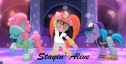Size: 800x411 | Tagged: safe, edit, azure velour, flashdancer, pacific glow, earth pony, pony, g4, 1000 hours in ms paint, album cover, background pony, bee gees, disco, disco dance, female, mare, rave, song reference, stayin alive