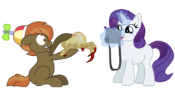 Size: 900x526 | Tagged: safe, artist:shimmersylph, button mash, rarity, earth pony, headcrab, pony, unicorn, g4, annie hall, buttonbetes, camera, colt, crack shipping, cute, female, filly, foal, funny, half-life, help me, magic, male, mare, missing cutie mark, movie reference, photo, rarimash, rarity photographing a giant crab, scared, shipping, simple background, straight, telekinesis, transparent background