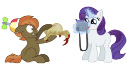 Size: 900x526 | Tagged: safe, artist:shimmersylph, button mash, rarity, earth pony, headcrab, pony, unicorn, g4, annie hall, buttonbetes, camera, colt, crack shipping, cute, duo, female, filly, foal, funny, half-life, help me, magic, male, mare, missing cutie mark, movie reference, photo, rarimash, rarity photographing a giant crab, scared, shipping, simple background, straight, telekinesis, transparent background