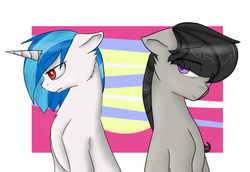 Size: 800x549 | Tagged: safe, artist:prismaticdragontamer, dj pon-3, octavia melody, vinyl scratch, g4, argument, red eyes, wrong eye color