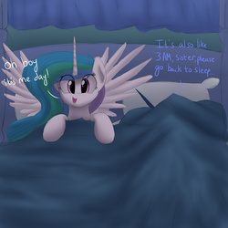 Size: 2000x2000 | Tagged: safe, artist:vanillaghosties, princess celestia, princess luna, alicorn, pony, g4, bed, blanket, celestia day, cute, cutelestia, female, grumpy, happy, high res, mare, morning ponies, on back, pillow, sisters, spread wings