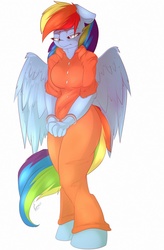 Size: 842x1280 | Tagged: safe, artist:evange, rainbow dash, anthro, unguligrade anthro, g4, clothes, cuffs, female, prison outfit, prisoner, prisoner rd, sad, solo