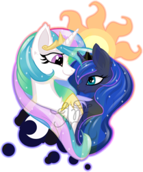 Size: 1027x1230 | Tagged: safe, artist:redi, princess celestia, princess luna, alicorn, pony, g4, crepuscular rays, cutie mark background, royal sisters, watermark