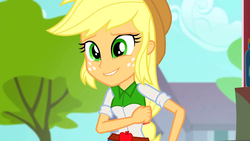 Size: 1280x720 | Tagged: safe, screencap, applejack, equestria girls, g4, my little pony equestria girls: rainbow rocks, belt, button-up shirt, clothes, cowboy hat, female, hat, ponytail, shirt, smiling, solo, teenager