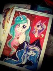 Size: 1200x1600 | Tagged: safe, artist:enjal, princess cadance, princess celestia, princess luna, g4, bust, portrait, traditional art