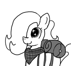 Size: 640x600 | Tagged: safe, artist:ficficponyfic, oc, oc only, oc:emerald jewel, earth pony, pony, colt quest, bag, bandana, colt, cute, excited, foal, hair over one eye, happy, male, monochrome, smiling, solo, starry eyes, story included, wingding eyes