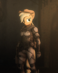 Size: 1284x1620 | Tagged: safe, artist:nikpinkie, applejack, earth pony, anthro, g4, 3d, armor, female, gun, shotgun, solo, source filmmaker, titanfall, weapon