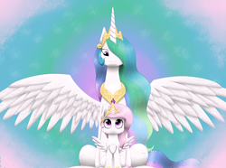 Size: 6704x5000 | Tagged: safe, artist:lpslover482, princess celestia, g4, :3, absurd resolution, cewestia, chest fluff, cute, duality, filly, pink-mane celestia, self ponidox, sitting, spread wings