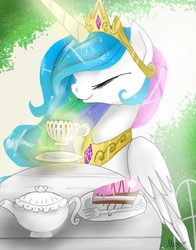 Size: 1188x1518 | Tagged: safe, artist:nuttypanutdy, princess celestia, g4, cake, eyes closed, female, food, solo, tea, teacup, teapot