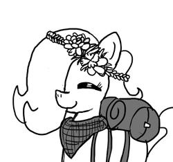 Size: 640x600 | Tagged: safe, artist:ficficponyfic, oc, oc only, oc:emerald jewel, earth pony, pony, colt quest, bag, bandana, colt, crown, cute, excited, eyes closed, flower, flower in hair, hair over one eye, happy, jewelry, male, monochrome, regalia, smiling, solo, story included, trap