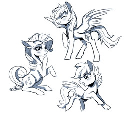 Size: 1200x1100 | Tagged: safe, artist:renciel, rainbow dash, rarity, scootaloo, g4, monochrome