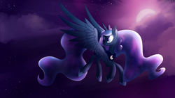 Size: 1920x1080 | Tagged: safe, artist:aegann, princess luna, g4, cloud, female, flying, moon, night, solo, stars