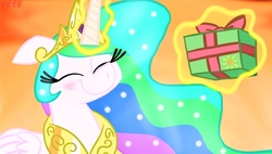 Size: 1345x765 | Tagged: safe, artist:pokeblahblahblah, princess celestia, g4, eyes closed, female, magic, present, smiling, solo, telekinesis