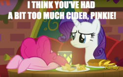 Size: 1208x764 | Tagged: safe, edit, edited screencap, screencap, pinkie pie, rarity, g4, spice up your life, drunk, image macro, lamprey pie, meme