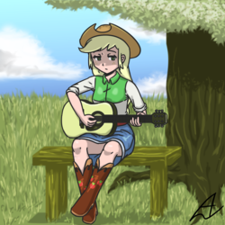 Size: 1000x1000 | Tagged: safe, artist:acesrockz, applejack, human, g4, belt, bench, boots, clothes, cowboy hat, denim skirt, equestria girls outfit, female, guitar, hat, humanized, skirt, solo, stetson, tree