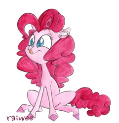 Size: 1342x1392 | Tagged: safe, artist:raiwee, pinkie pie, g4, alternate hairstyle, female, simple background, sitting, solo, tongue out, traditional art