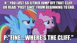 Size: 620x349 | Tagged: safe, pinkie pie, rainbow dash, fanfic:past sins, g4, caption, duo, duo female, female, meme