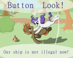 Size: 1281x1023 | Tagged: safe, artist:shineyluna, button mash, rarity, g4, age regression, blank flank, blushing, crack shipping, disheveled, female, filly, filly rarity, funny, male, park, rarimash, shipping, straight, tackle