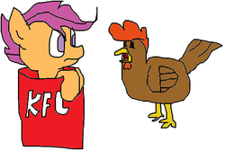 Size: 676x453 | Tagged: safe, artist:sasukex125, scootaloo, chicken, pegasus, pony, g4, 1000 hours in ms paint, bucket of chicken, gasp, kfc, ms paint, scootachicken