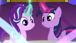 Size: 592x333 | Tagged: safe, screencap, starlight glimmer, twilight sparkle, alicorn, pony, g4, spice up your life, cropped, cute, duo, duo female, female, looking down, magic, smiling, twilight sparkle (alicorn), twilight's castle
