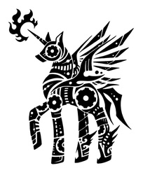 Size: 808x989 | Tagged: safe, artist:sunnyclockwork, alicorn, pony, robot, robot pony, broken god, mekhane, monochrome, ponified, scp foundation, solo, tribal