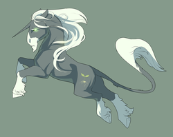 Size: 2637x2101 | Tagged: safe, artist:amphoera, oc, oc only, oc:verdant roots, classical unicorn, pony, unicorn, beard, blaze (coat marking), coat markings, facial hair, facial markings, glowing eyes, green background, high res, horn, leaping, leonine tail, long feather, male, realistic horse legs, simple background, socks (coat markings), solo, stallion, unshorn fetlocks