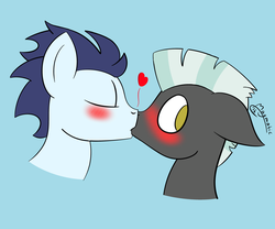 Size: 1280x1067 | Tagged: safe, artist:magmatic, soarin', thunderlane, pony, g4, blue background, blushing, bust, duo, eyes closed, gay, kiss on the lips, kissing, looking back, male, shipping, simple background, soarilane, stallion