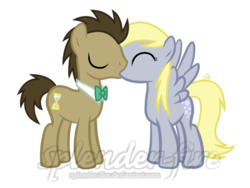Size: 1024x769 | Tagged: safe, artist:splender-fire, derpy hooves, doctor whooves, time turner, pegasus, pony, g4, female, kissing, male, mare, ship:doctorderpy, shipping, straight, watermark