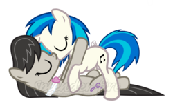 Size: 1023x617 | Tagged: safe, artist:splender-fire, dj pon-3, octavia melody, vinyl scratch, earth pony, pony, unicorn, g4, duo, eyes closed, female, kiss on the lips, kissing, lesbian, mare, on top, ship:scratchtavia, shipping, simple background, transparent background
