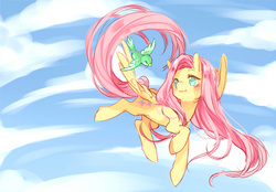 Size: 1382x964 | Tagged: safe, artist:egg-tartbunny, fluttershy, bird, pegasus, pony, g4, blushing, cloud, cute, female, flying, mare, shyabetes, sky, solo, spread wings, wings