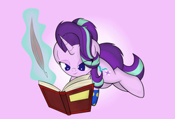 Size: 3500x2400 | Tagged: safe, artist:ideltavelocity, starlight glimmer, pony, unicorn, g4, book, cute, female, glimmerbetes, high res, lidded eyes, lying down, magic, mare, quill, solo