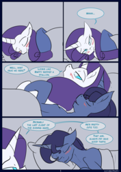 Size: 850x1200 | Tagged: safe, artist:kanashiipanda, night light, rarity, comic:royal business trip, g4, adultery, bed, blushing, comic, infidelity, sleeping