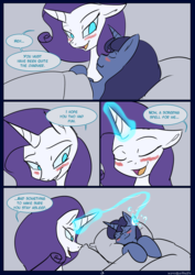 Size: 850x1200 | Tagged: safe, artist:kanashiipanda, night light, rarity, comic:royal business trip, g4, adultery, bed, blushing, comic, infidelity, magic, sleeping