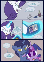 Size: 850x1200 | Tagged: safe, artist:kanashiipanda, night light, rarity, twilight sparkle, twilight velvet, alicorn, pony, comic:royal business trip, g4, alcohol, comic, evil, evil grin, magic, sneer, telekinesis, twilight sparkle (alicorn), wallet, wine, wine glass