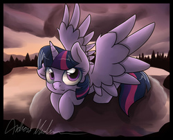 Size: 2100x1700 | Tagged: safe, artist:nerow94, twilight sparkle, alicorn, pony, g4, :3, cloud, cute, female, floppy ears, forest, looking at you, mare, on a cloud, prone, smiling, solo, spread wings, twiabetes, twilight (astronomy), twilight sparkle (alicorn), wings