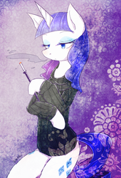 Size: 477x700 | Tagged: safe, artist:divided-s, rarity, unicorn, semi-anthro, g4, cigarette, cigarette holder, clothes, female, lidded eyes, mare, smoking, solo, sweater