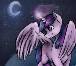 Size: 1024x887 | Tagged: safe, artist:ressq, twilight sparkle, alicorn, pony, g4, female, moon, night, smiling, solo, twilight sparkle (alicorn), watermark