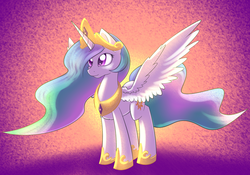 Size: 1024x715 | Tagged: safe, artist:dusthiel, princess celestia, alicorn, pony, g4, female, mare, smiling, solo, spread wings, wings