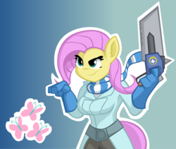 Size: 5096x4299 | Tagged: safe, artist:cloudi-nexik, fluttershy, anthro, g4, absurd resolution, amputator, clothes, crossover, female, fluttermedic, medic, medic (tf2), parody, scarf, solo, team fortress 2, weapon