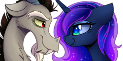 Size: 1500x750 | Tagged: safe, artist:elementalokami, discord, princess luna, g4, bust, female, floppy ears, looking at each other, male, portrait, ship:lunacord, shipping, simple background, smiling, straight, transparent background