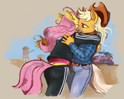 Size: 1280x1024 | Tagged: safe, artist:spectralunicorn, applejack, fluttershy, anthro, g4, ass, butt, clothes, duo, female, hug, jeans, lesbian, pants, ship:appleshy, shipping, tracksuit, train