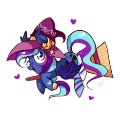 Size: 1200x1200 | Tagged: safe, artist:ipun, oc, oc only, oc:witch hunt, bat pony, pony, broom, clothes, ear fluff, flying, flying broomstick, hat, heart, heart eyes, looking at you, open mouth, simple background, smiling, socks, solo, striped socks, white background, wingding eyes