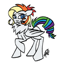 Size: 800x800 | Tagged: safe, artist:larvarti, oc, oc only, oc:niki bariole, pegasus, pony, colorful, cute, drawing, magical lesbian spawn, offspring, parent:rainbow dash, parent:rarity, parents:raridash, simple background, solo, standing