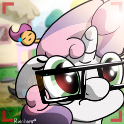 Size: 1600x1600 | Tagged: safe, artist:rainihorn, scootaloo, sweetie belle, g4, camera, camera shot, glasses