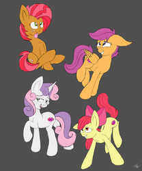 Size: 1024x1229 | Tagged: safe, artist:theartistsora, apple bloom, babs seed, scootaloo, sweetie belle, g4, :p, cute, cutie mark, cutie mark crusaders, floppy ears, gray background, grin, lidded eyes, looking up, raised hoof, simple background, sitting, smiling, squee, the cmc's cutie marks, tongue out
