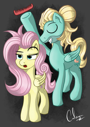 Size: 1024x1448 | Tagged: safe, artist:calena, fluttershy, zephyr breeze, pegasus, pony, flutter brutter, g4, brother and sister, comb, duo, female, fluttershy is not amused, male, mare, siblings, stallion, unamused