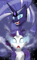 Size: 1000x1600 | Tagged: safe, artist:theroyalprincesses, nightmare rarity, rarity, pony, unicorn, g4, fangs, female, glowing eyes, mare, open mouth, possessed, possession, raised hoof, self paradox