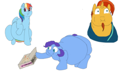Size: 1280x800 | Tagged: safe, artist:lupin quill, rainbow dash, sunburst, oc, oc:silver crescent, rainbow dash presents, g4, bhm, cereal, fat, food, obese, rainblob dash, simple background, sunblob, tubby wubby pony waifu, we bought two cakes